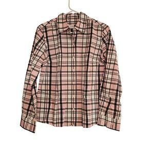 JONES WEAR STUDIO Pink Black White Plaid Long Button Up Shirt Womens Size M